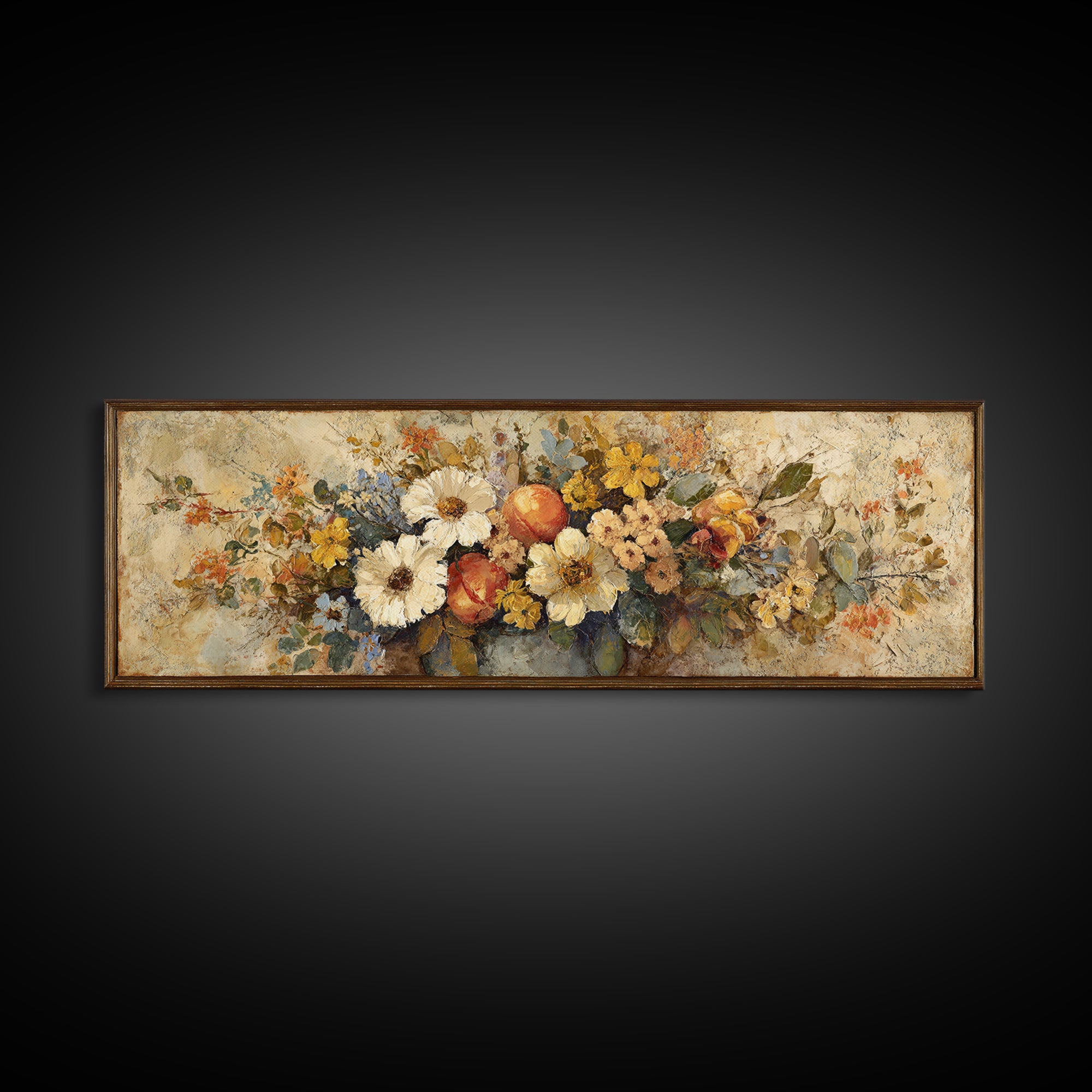 Basket of Fresh Peaches and Wildflowers Canvas Print, French Country Art, Contemporary Art, Farmhouse Decor, Country, FCA-3x1-84