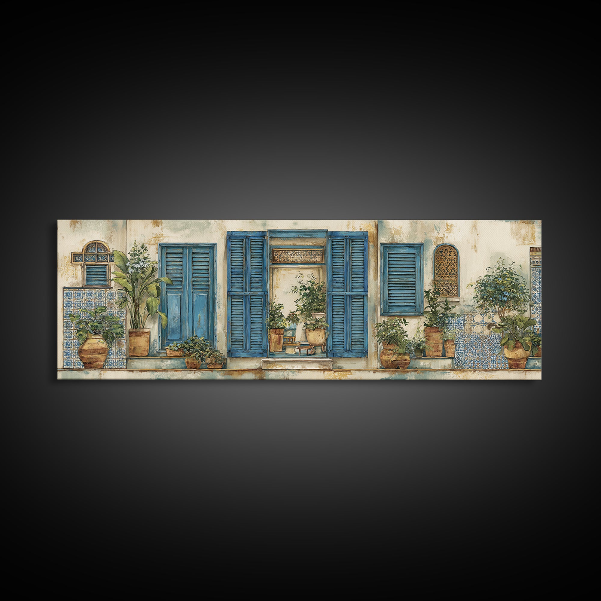 Weathered Window with Blue Shutters Canvas Print, French Country Art, Home Decor Gift, Farmhouse Decor, Oil Painting, Country, FCA-3x1-85