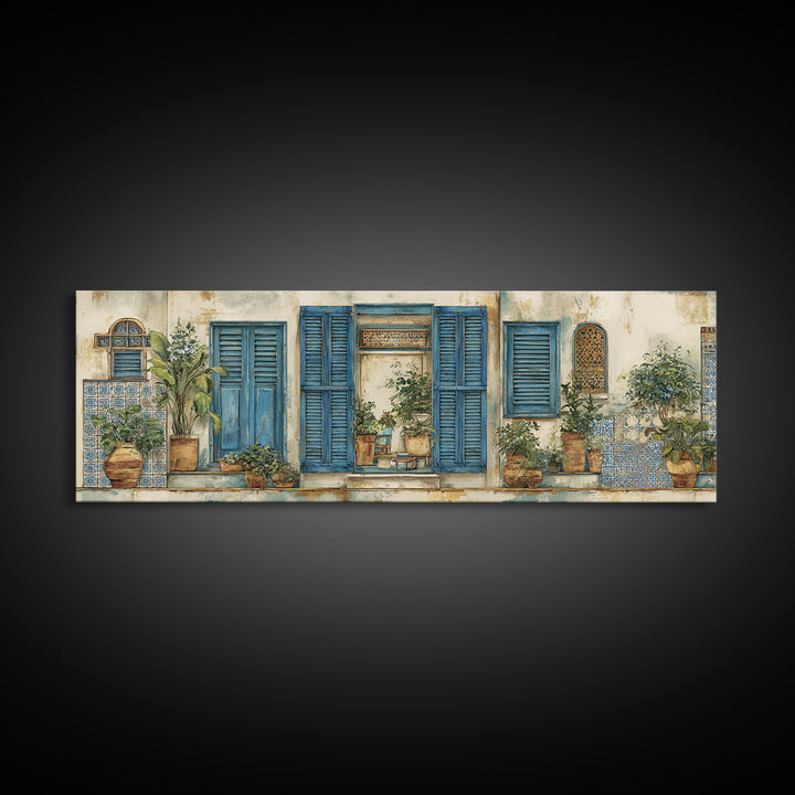 Weathered Window with Blue Shutters Canvas Print, French Country Art, Home Decor Gift, Farmhouse Decor, Oil Painting, Country, FCA-3x1-85