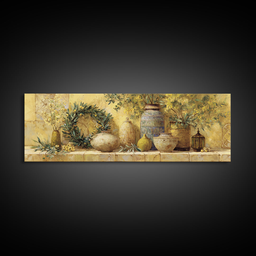 Olive Branch Wreath on Cream Ground Canvas Print, French Country Art, Minimalist Decor, Farmhouse Decor, Fine Art, Country, FCA-3x1-86