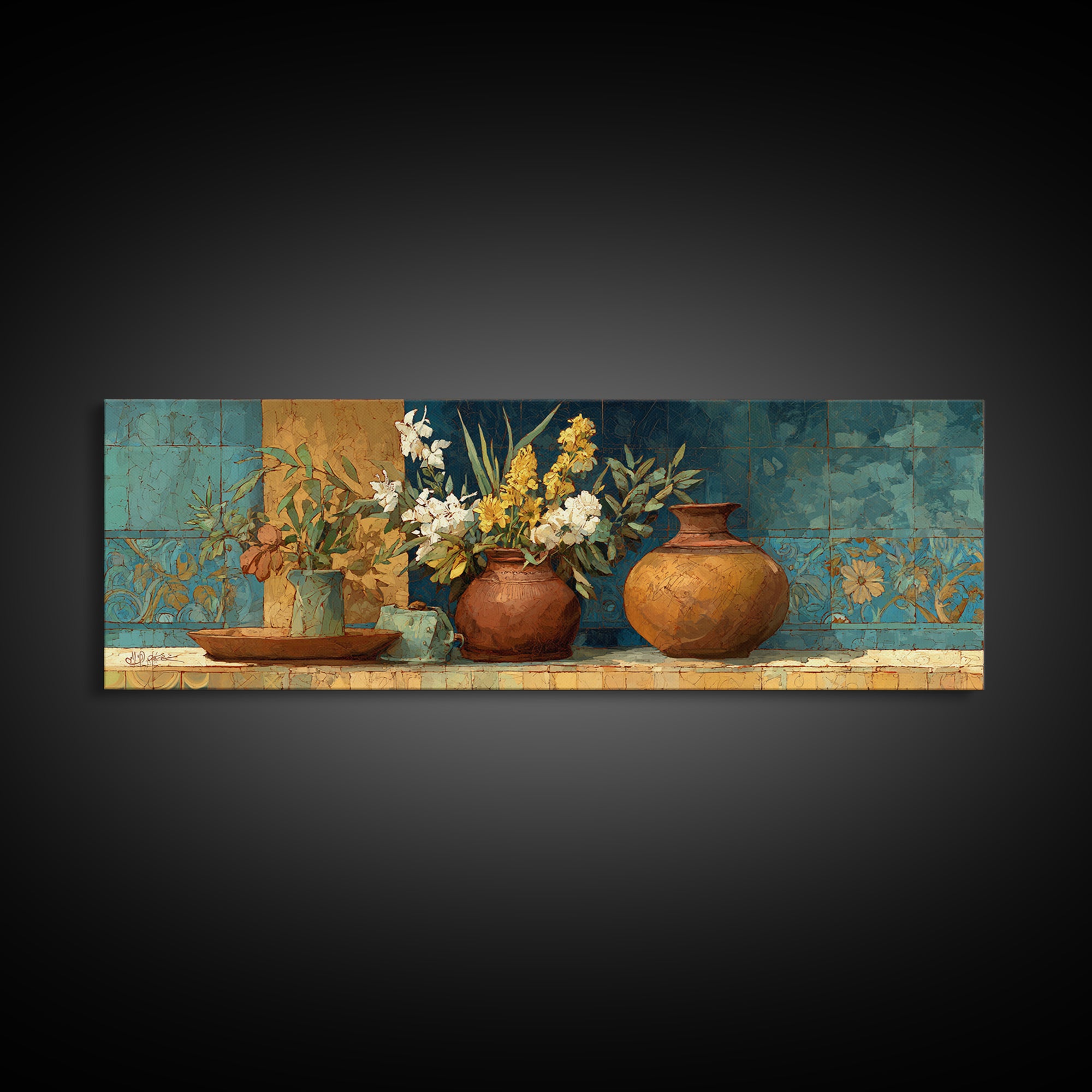 Antique Copper Pot and Flowers Still Life Canvas Print, French Country Art, Art Print, Farmhouse Decor, Watercolor Art, Country, FCA-3x1-88