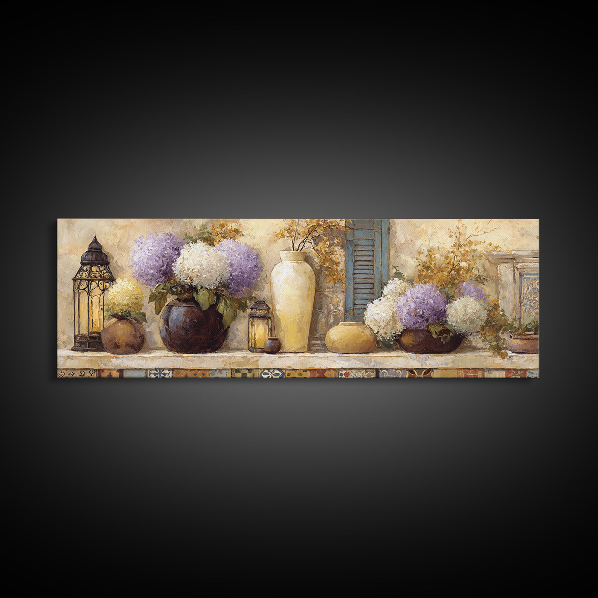Soft Hydrangeas Beside Antique Shutters Canvas Print, French Country Art, Botanical Prints, Farmhouse Decor, Fine Art, Country, FCA-3x1-96