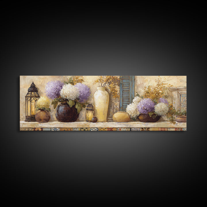 Soft Hydrangeas Beside Antique Shutters Canvas Print, French Country Art, Botanical Prints, Farmhouse Decor, Fine Art, Country, FCA-3x1-96