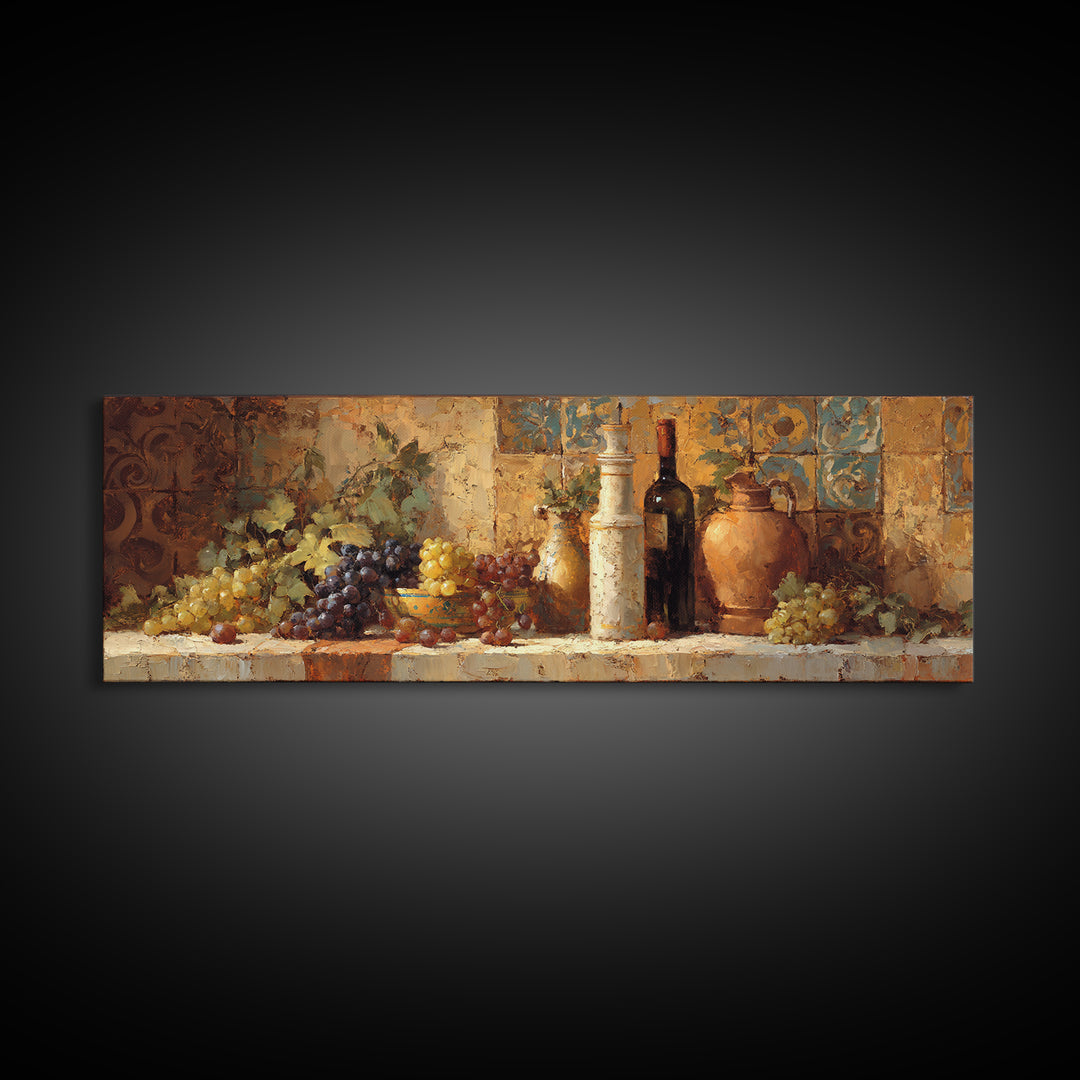 Grapes and Wine Still Life Canvas Print, French Country Art, Coastal Wall Art, Farmhouse Decor, Watercolor Art, Country, FCA-3x1-97