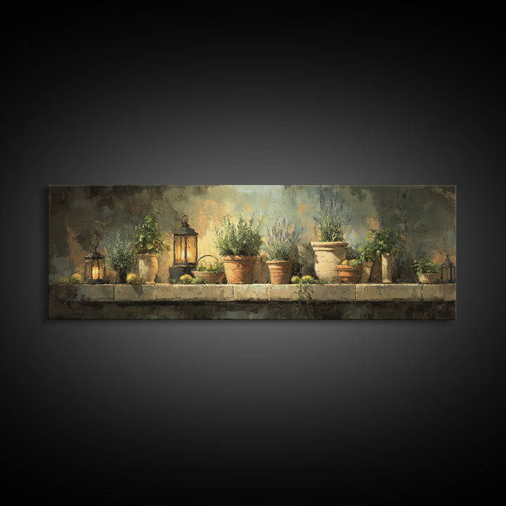 Terra Cotta Pots Framed Canvas Print, French Country Art, Eclectic Wall Art, Farmhouse Decor, Fine Art, Country, Modern Decor, FCA-3x1-99