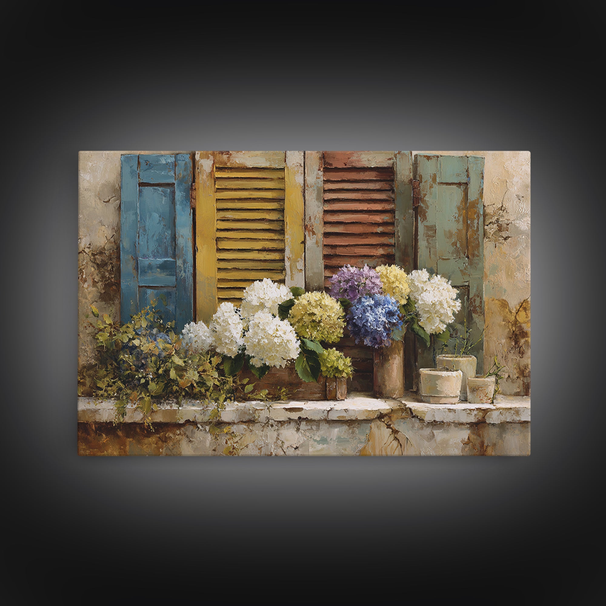 Soft Hydrangeas Beside Antique Shutters Canvas Print, French Country Art, Luxury Decor, Farmhouse Decor, Fine Art, Country, FCA-3x2-12