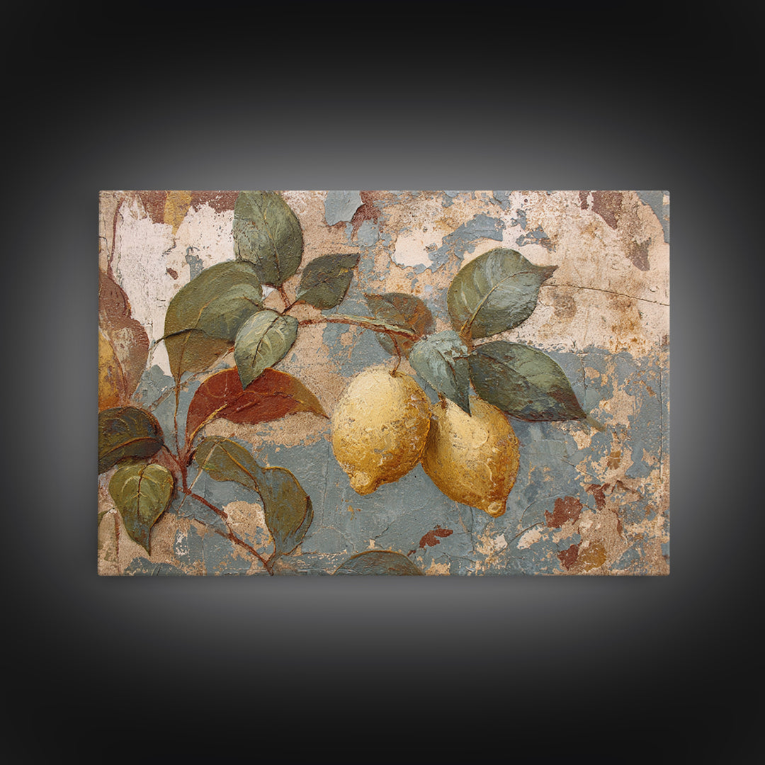 Aged Botanical Plate of Lemons and Leaves Canvas Print, French Country Art, Art Print, Farmhouse Decor, Watercolor Art, Country, FCA-3x2-16