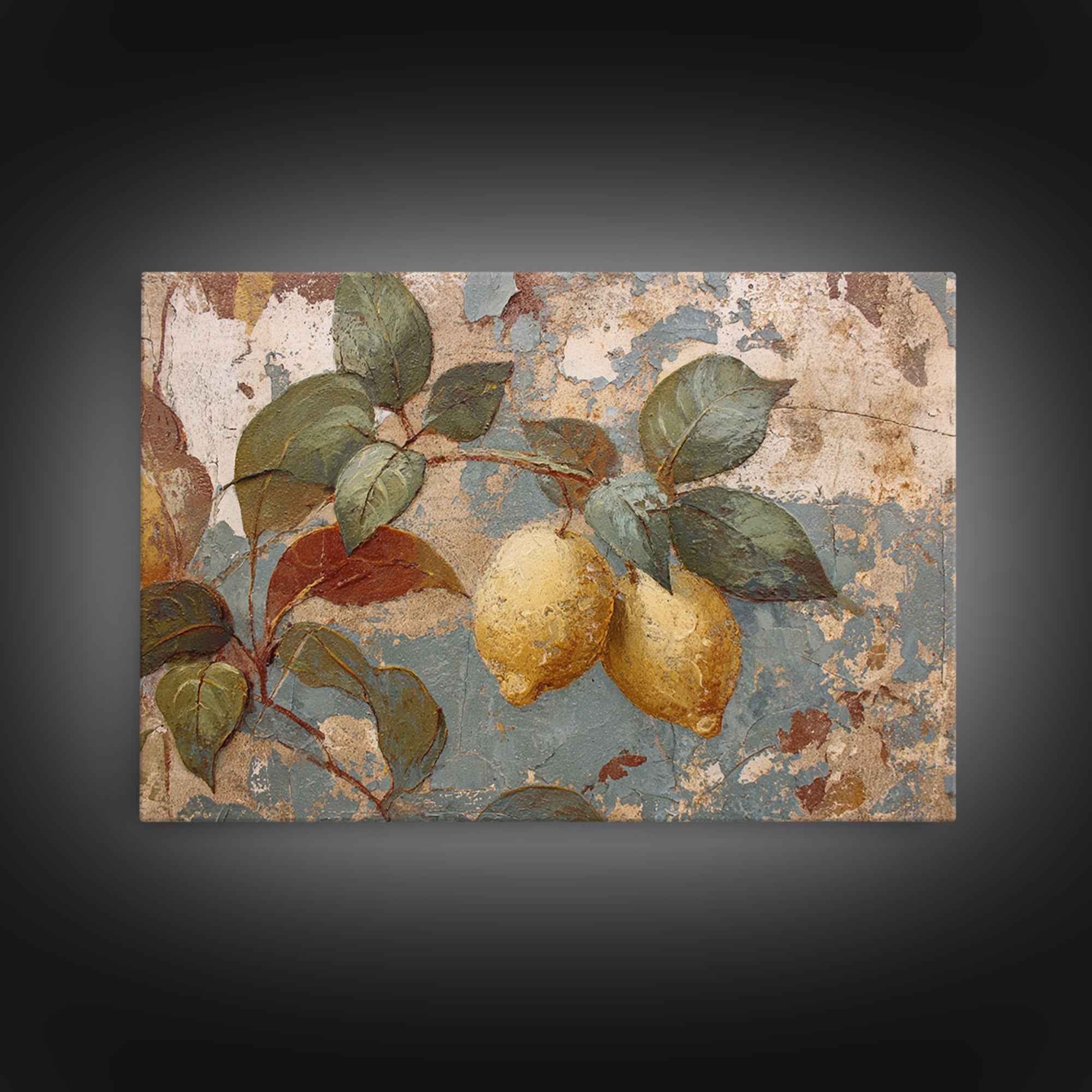 Aged Botanical Plate of Lemons and Leaves Canvas Print, French Country Art, Art Print, Farmhouse Decor, Watercolor Art, Country, FCA-3x2-16