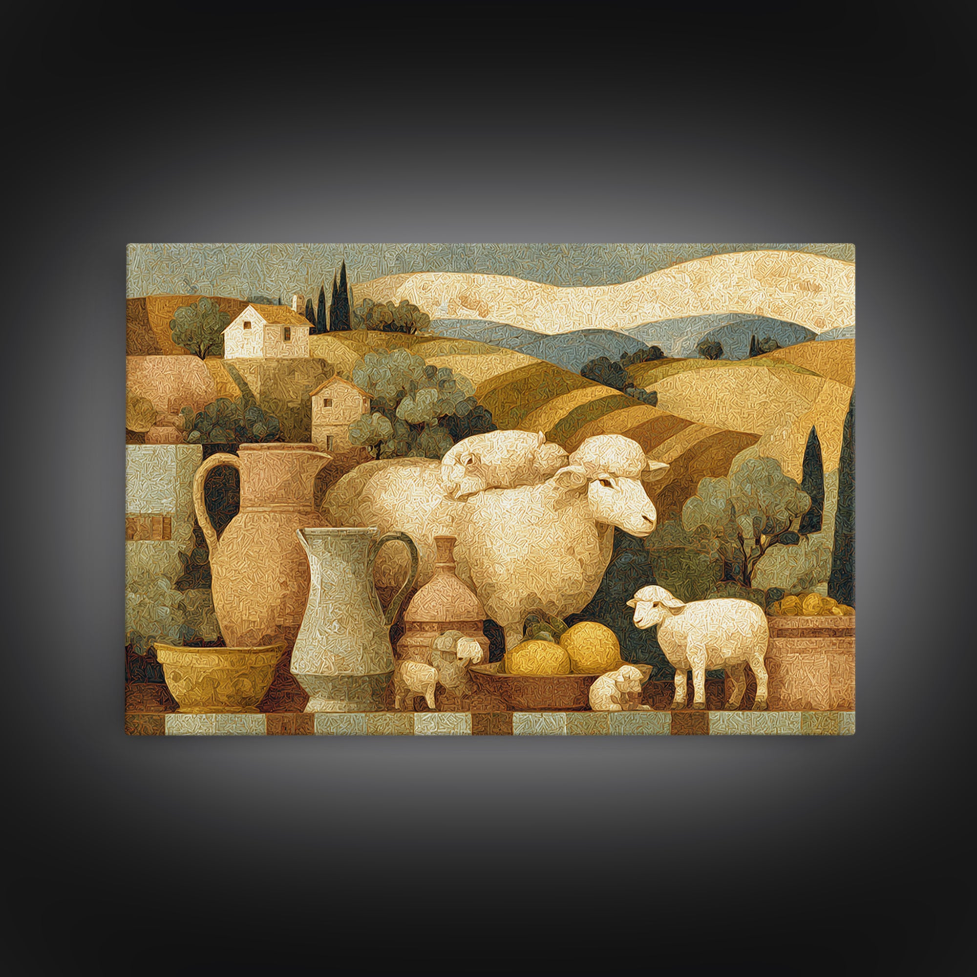Pastoral Sheep in Rolling Countryside Framed Canvas Print, French Country Art, Textured Painting, Farmhouse Decor, Country, FCA-3x2-18