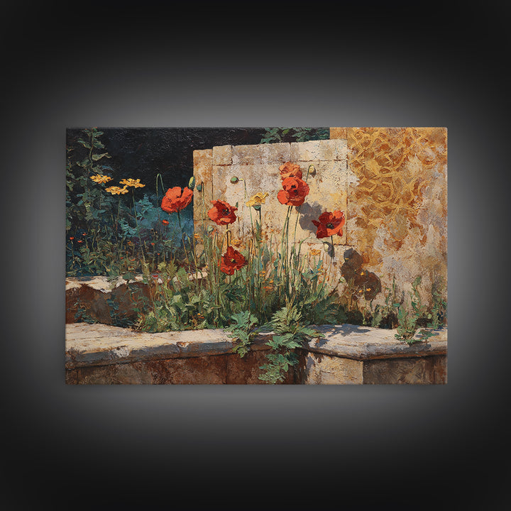 Poppies Beside a Stone Garden Wall Framed Canvas Print, French Country Art, Wall Art, Farmhouse Decor, Fine Art, Country, FCA-3x2-19