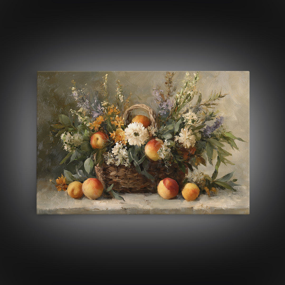 Basket of Fresh Peaches and Wildflowers Framed Canvas Print, French Country Art, Textured Painting, Farmhouse Decor, Country, FCA-3x2-24