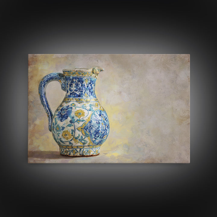 Blue and White Ceramic Pitcher Framed Canvas Print, French Country Art, Digital Art, Farmhouse Decor, Fine Art, Country, FCA-3x2-31