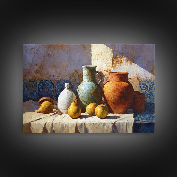 Pear Still Life on Linen Tablecloth Canvas Print, French Country Art, Minimalist Decor, Farmhouse Decor, Fine Art, Country, FCA-3x2-32