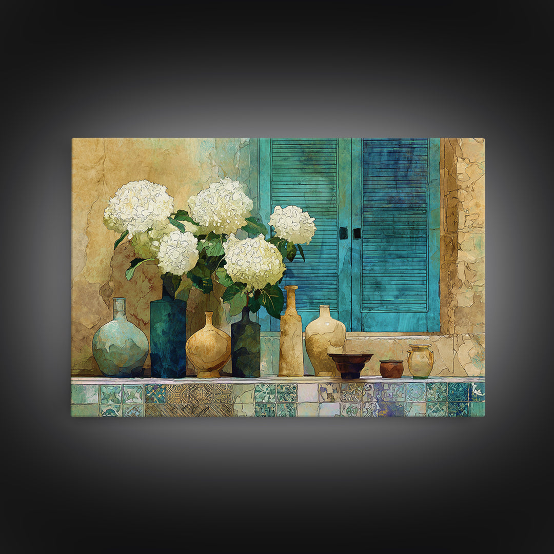 Soft Hydrangeas Beside Antique Shutters Framed Canvas Print, French Country Art, Contemporary Art, Farmhouse Decor, Country, FCA-3x2-36