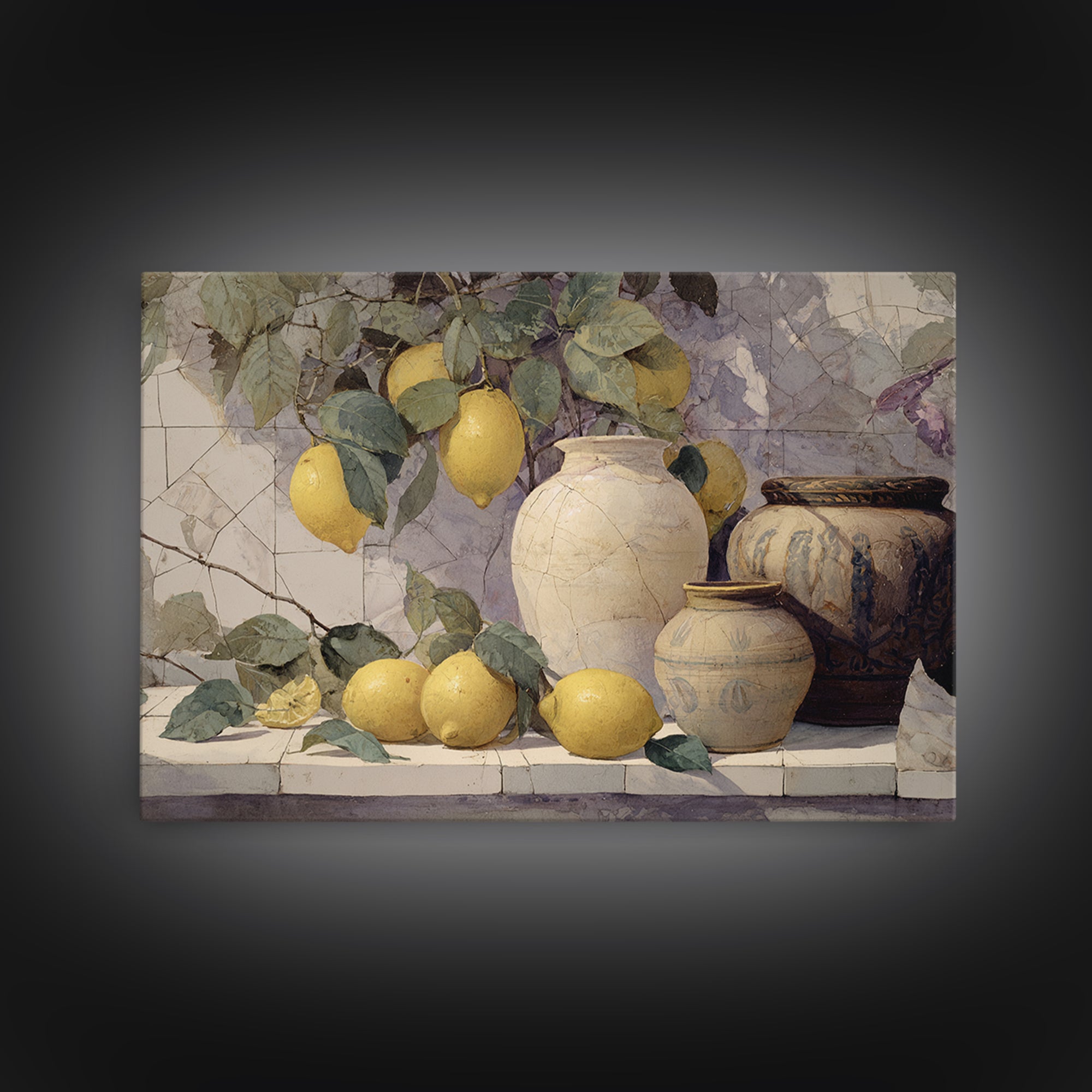Aged Botanical Plate of Lemons and Leaves Framed Canvas Print, French Country Art, Wall Art, Farmhouse Decor, Watercolor Art, FCA-3x2-40