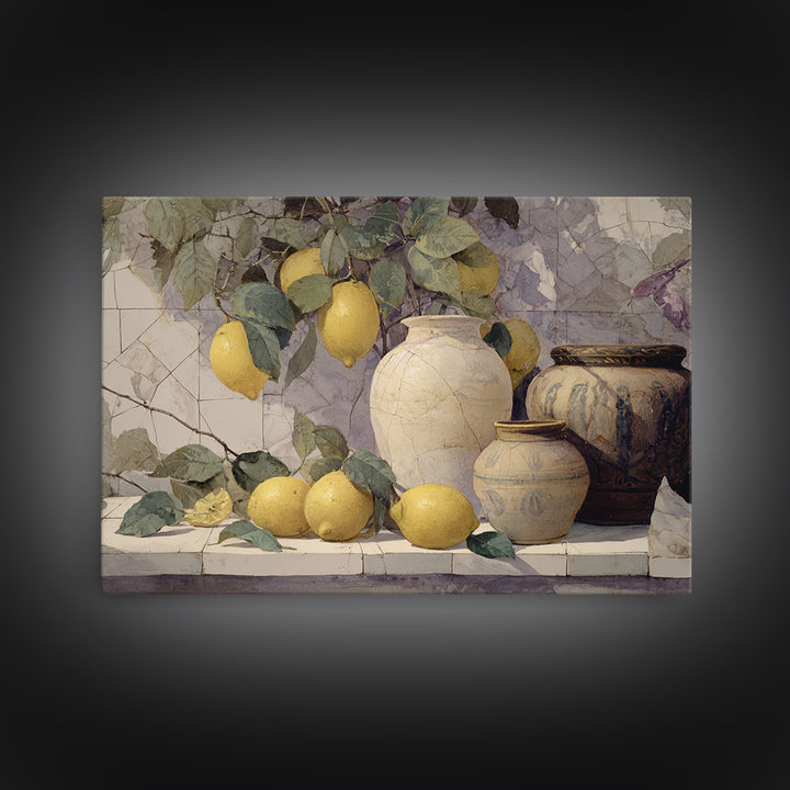 Aged Botanical Plate of Lemons and Leaves Framed Canvas Print, French Country Art, Wall Art, Farmhouse Decor, Watercolor Art, FCA-3x2-40