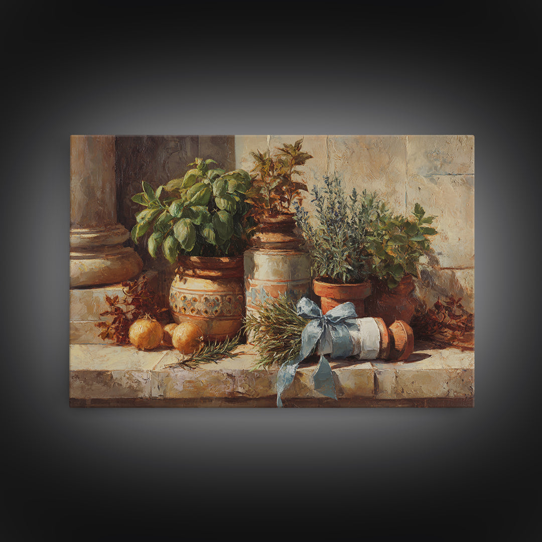 Farmhouse Kitchen Herbs Tied Framed Canvas Print, French Country Art, Digital Wall Art, Farmhouse Decor, Watercolor Art, FCA-3x2-41