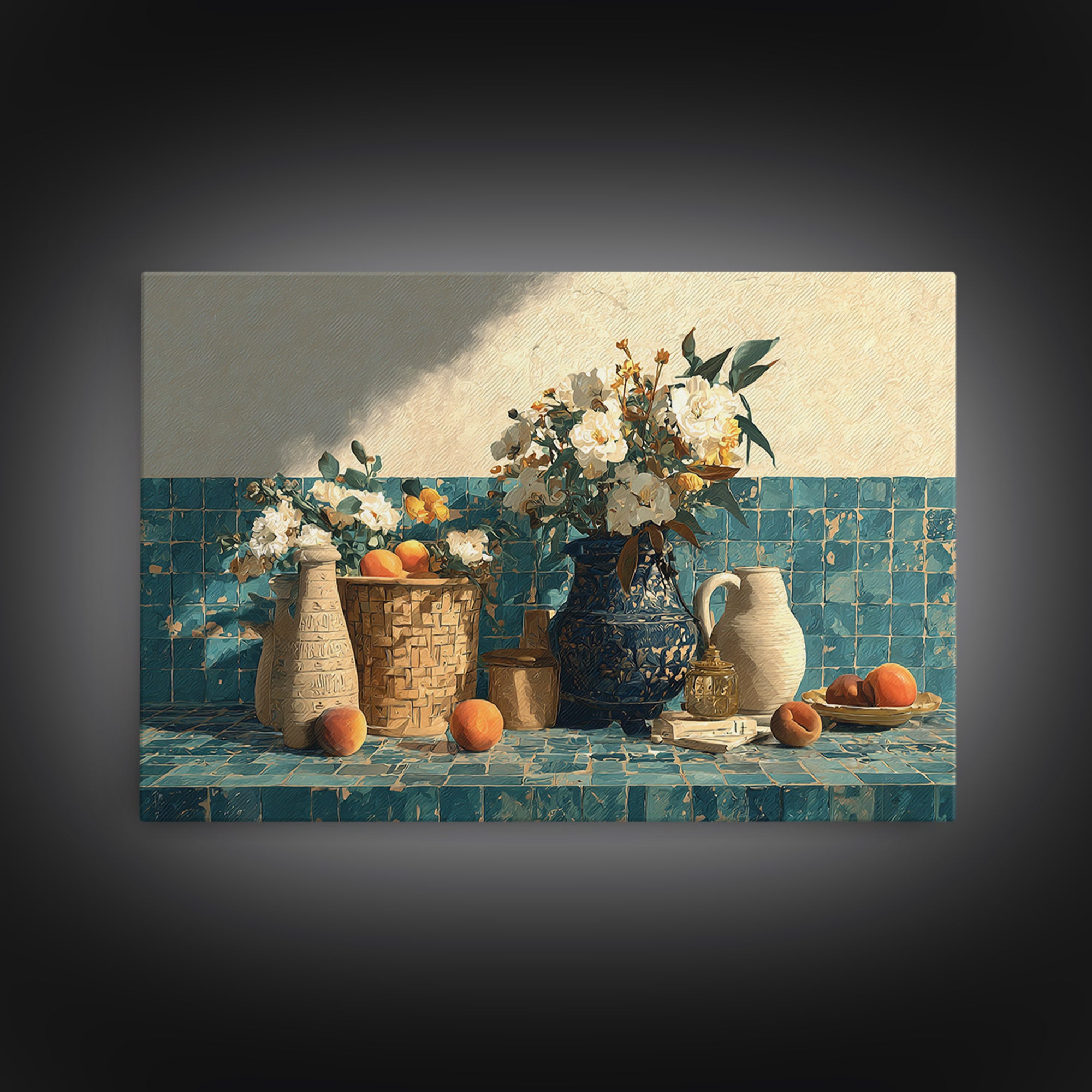 Basket of Fresh Peaches and Wildflowers Canvas Print, French Country Art, Digital Prints, Farmhouse Decor, Fine Art, Country, FCA-3x2-48