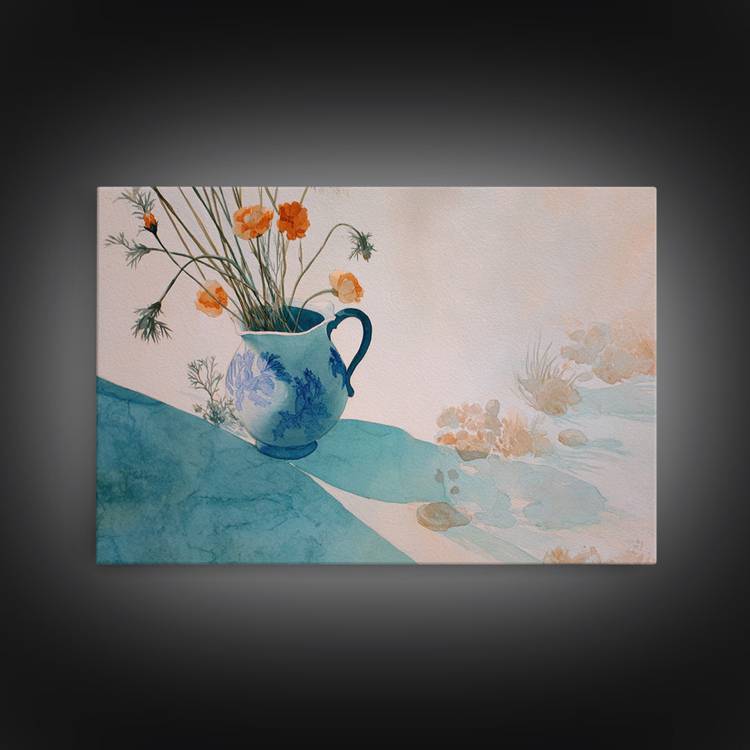 Blue and White Ceramic Pitcher Framed Canvas Print, French Country Art, Landscape Wall Art, Farmhouse Decor, Watercolor Art, FCA-3x2-55