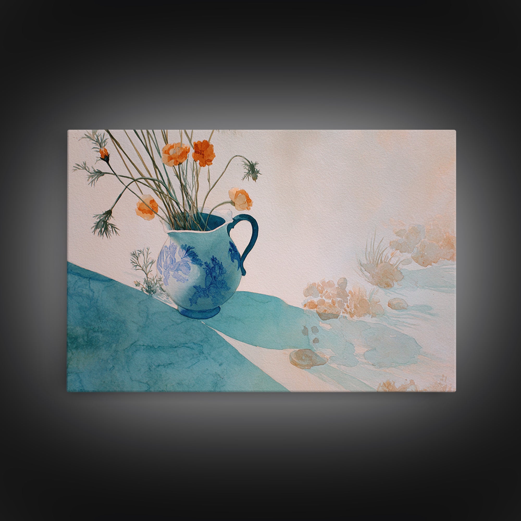 Blue and White Ceramic Pitcher Framed Canvas Print, French Country Art, Landscape Wall Art, Farmhouse Decor, Watercolor Art, FCA-3x2-55