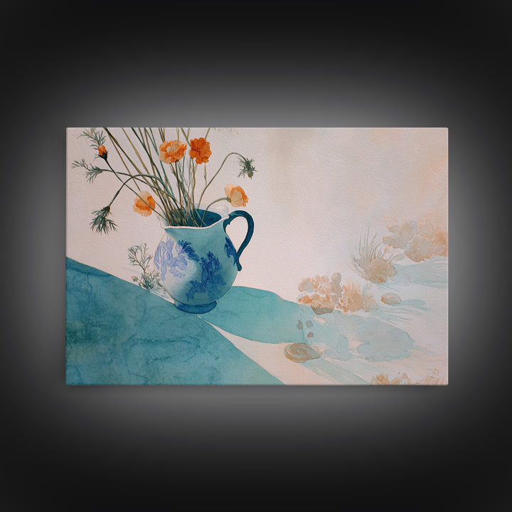 Blue and White Ceramic Pitcher Framed Canvas Print, French Country Art, Landscape Wall Art, Farmhouse Decor, Watercolor Art, FCA-3x2-55