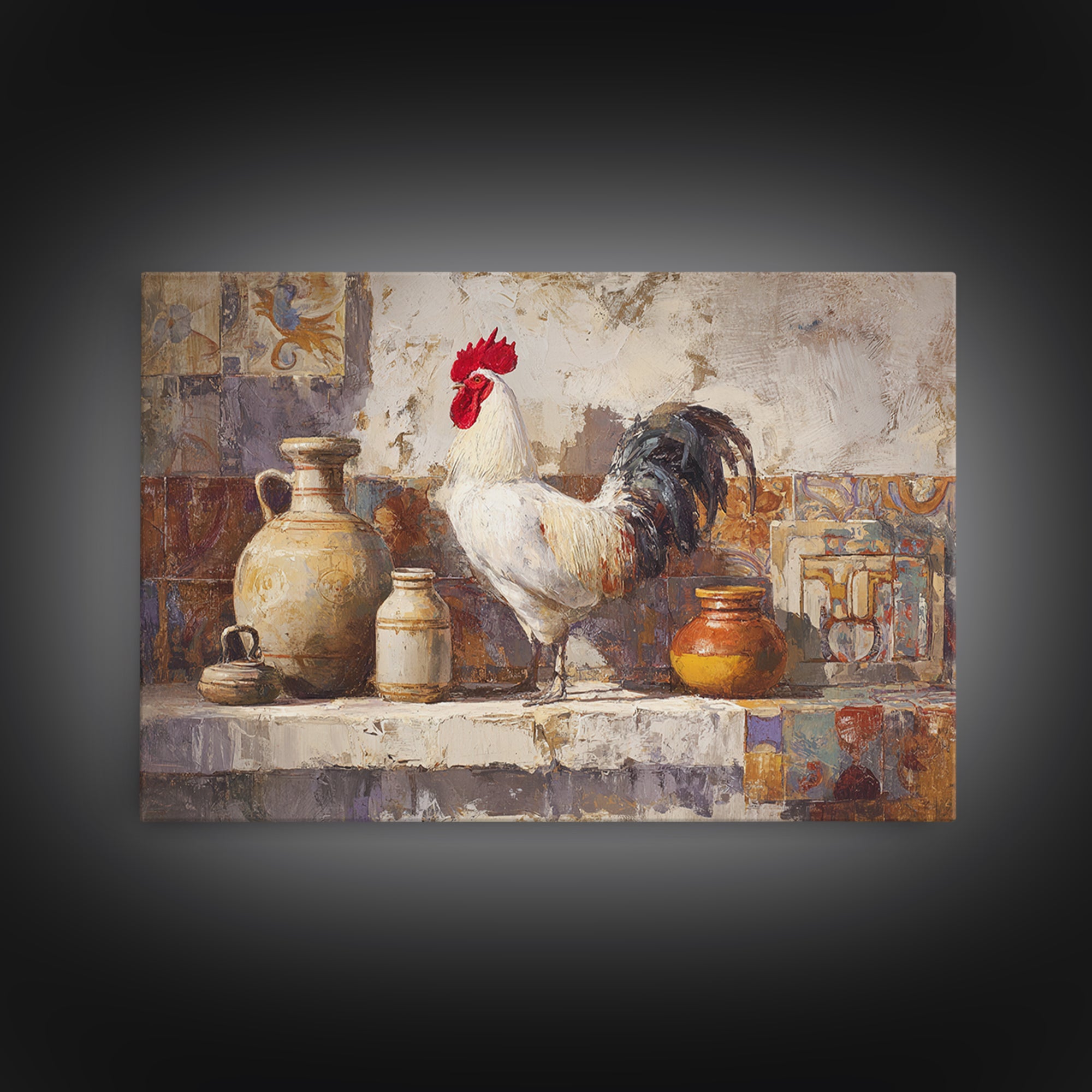 Rooster Portrait in Rustic French Palette Framed Canvas Print, French Country Art, Contemporary Art, Farmhouse Decor, Country, FCA-3x2-6