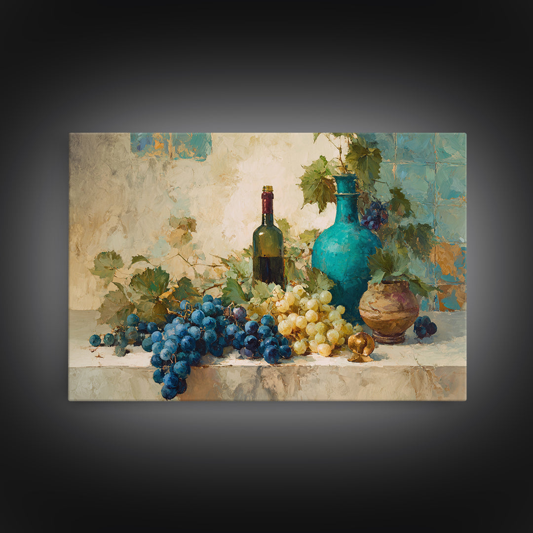 Grapes and Wine Still Life Canvas Print, French Country Art, Oil Painting, Farmhouse Decor, Country, Digital Art Prints, FCA-3x2-61
