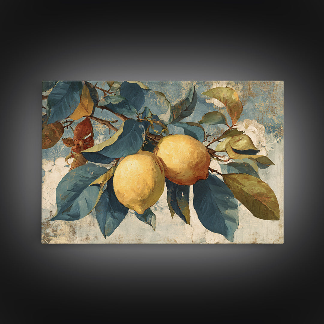 Aged Botanical Plate of Lemons and Leaves Framed Canvas Print, French Country Art, Farmhouse Decor, Fine Art, Country, FCA-3x2-64