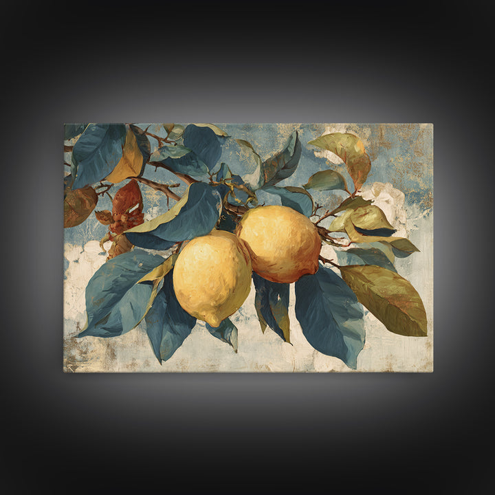 Aged Botanical Plate of Lemons and Leaves Framed Canvas Print, French Country Art, Farmhouse Decor, Fine Art, Country, FCA-3x2-64