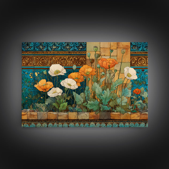 Poppies Beside a Stone Garden Wall Canvas Print, French Country Art, Coastal Wall Art, Farmhouse Decor, Watercolor Art, Country, FCA-3x2-67
