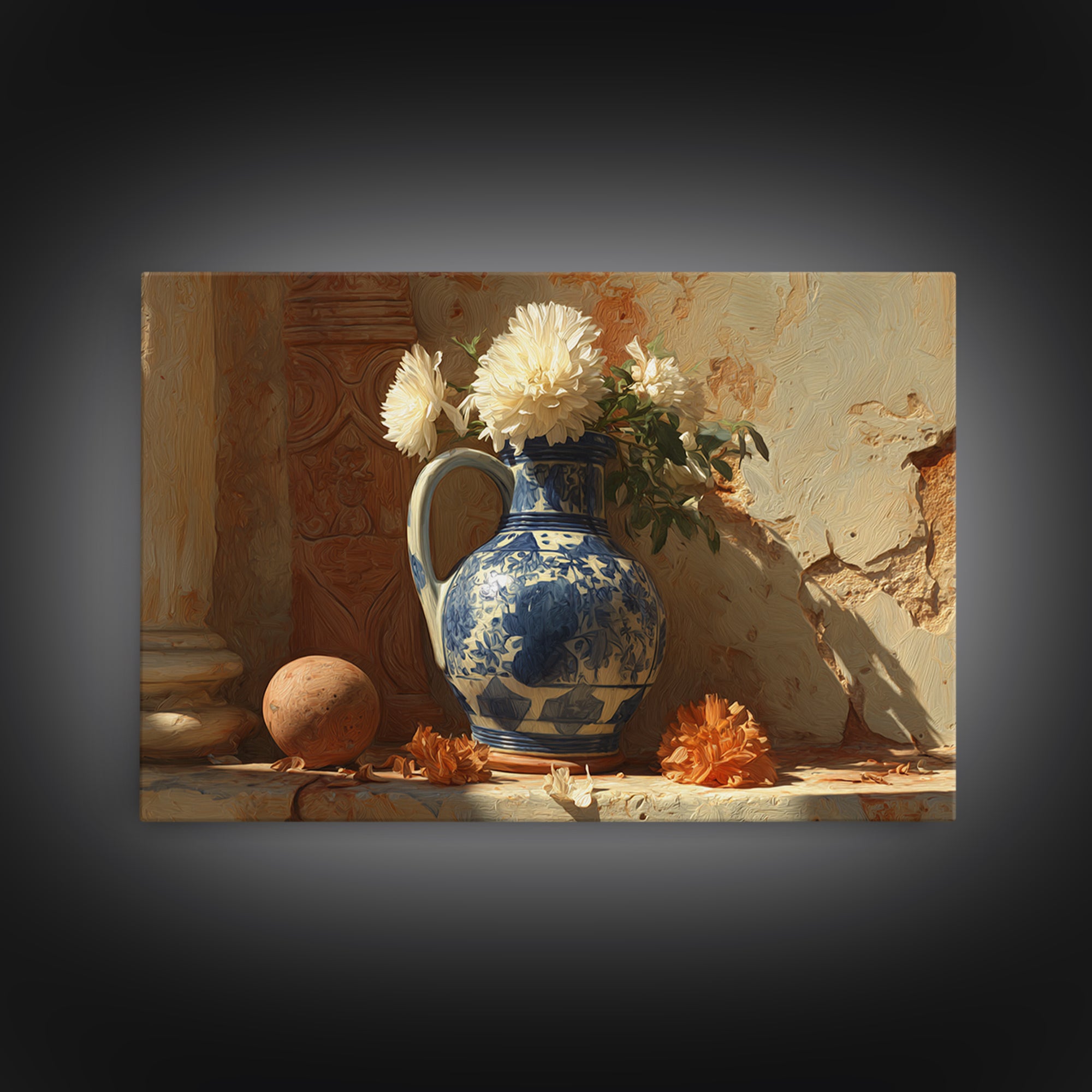Blue and White Ceramic Pitcher Framed Canvas Print, French Country Art, Landscape Wall Art, Farmhouse Decor, Fine Art, Country, FCA-3x2-7