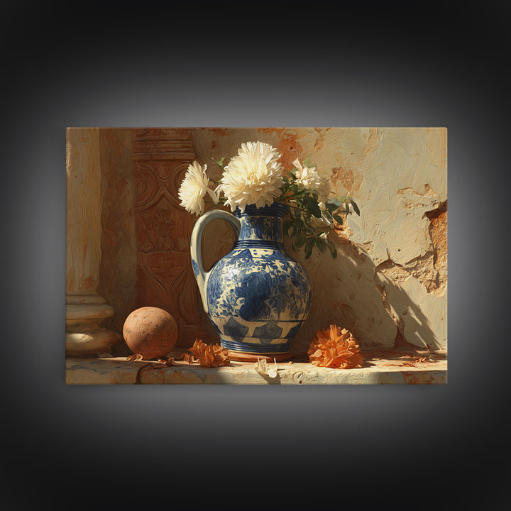 Blue and White Ceramic Pitcher Framed Canvas Print, French Country Art, Landscape Wall Art, Farmhouse Decor, Fine Art, Country, FCA-3x2-7
