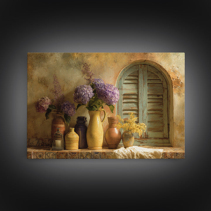 Soft Hydrangeas Beside Antique Shutters Canvas Print, French Country Art, Botanical Prints, Farmhouse Decor, Fine Art, Country, FCA-3x2-84