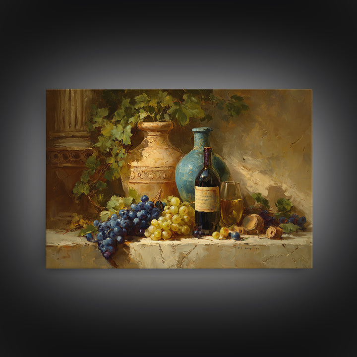 Grapes and Wine Still Life Framed Canvas Print, French Country Art, Farmhouse Decor, Fine Art, Country, Farmhouse Wall Art, FCA-3x2-85