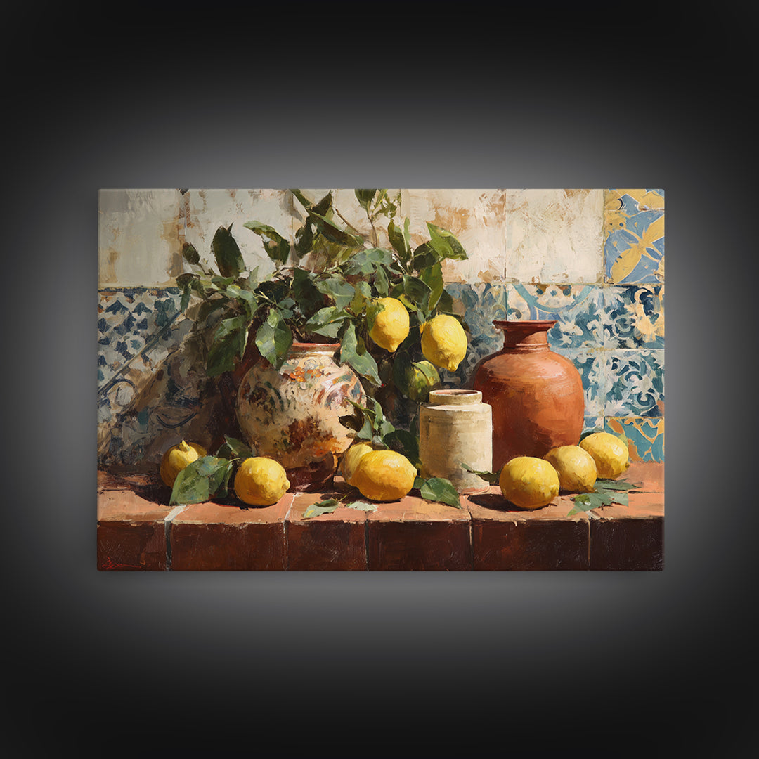 Aged Botanical Plate of Lemons and Leaves Canvas Print, French Country Art, Coastal Wall Art, Farmhouse Decor, Oil Painting, FCA-3x2-88