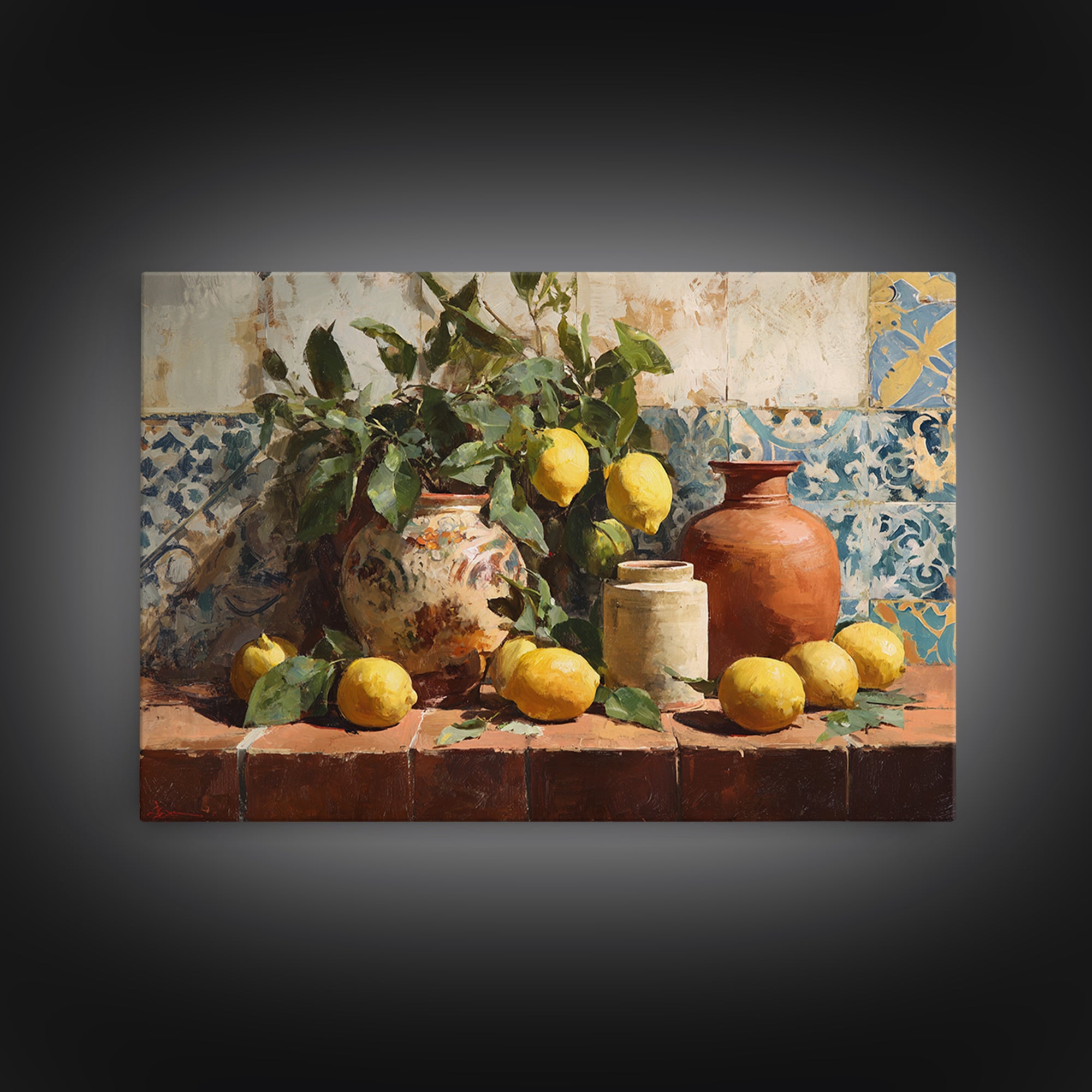 Aged Botanical Plate of Lemons and Leaves Canvas Print, French Country Art, Coastal Wall Art, Farmhouse Decor, Oil Painting, FCA-3x2-88