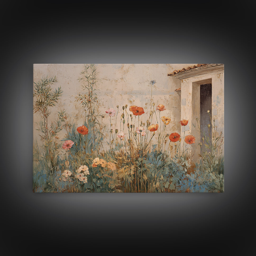 Poppies Beside a Stone Garden Wall Canvas Print, French Country Art, French Country Decor, Farmhouse Decor, Country, FCA-3x2-91