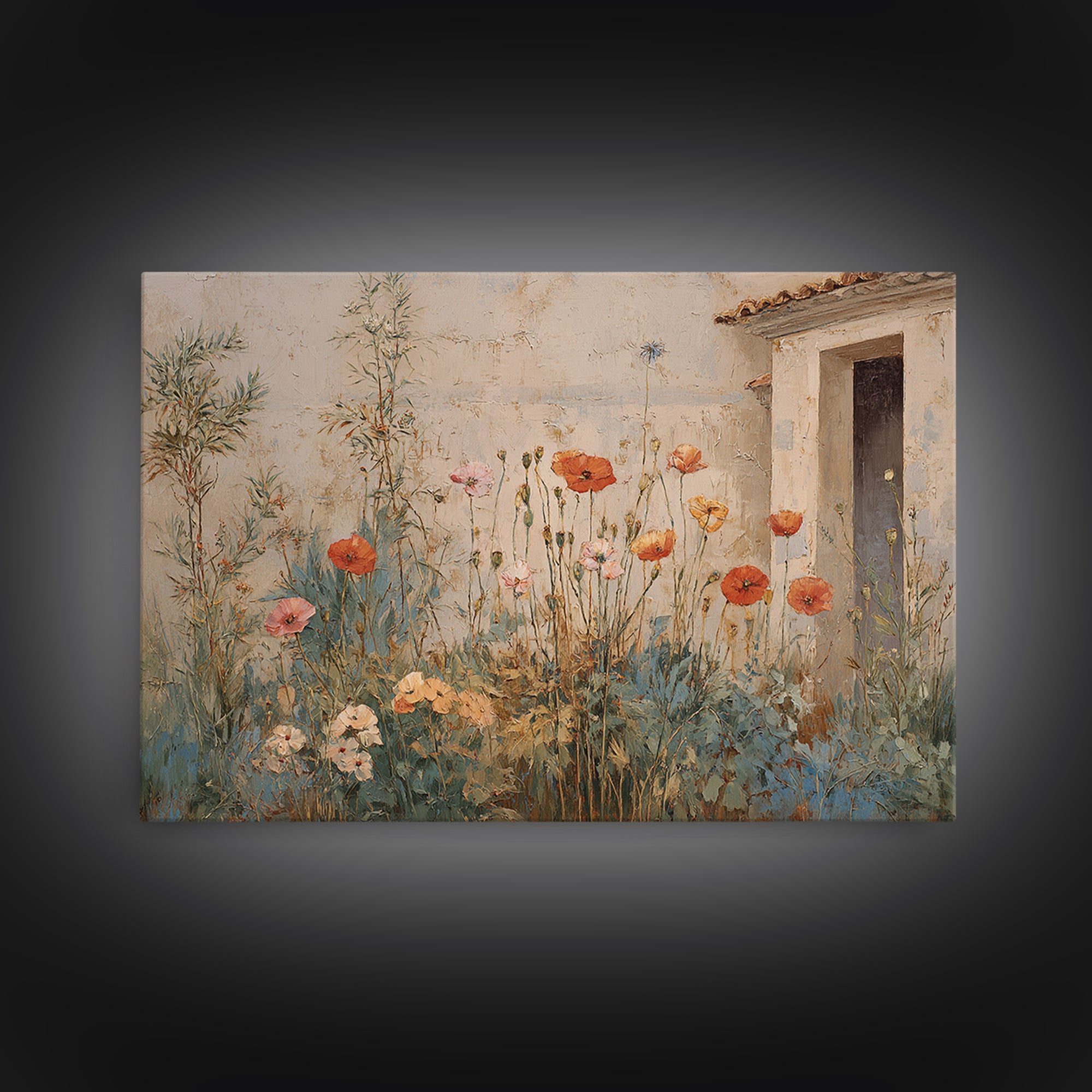 Poppies Beside a Stone Garden Wall Canvas Print, French Country Art, French Country Decor, Farmhouse Decor, Country, FCA-3x2-91