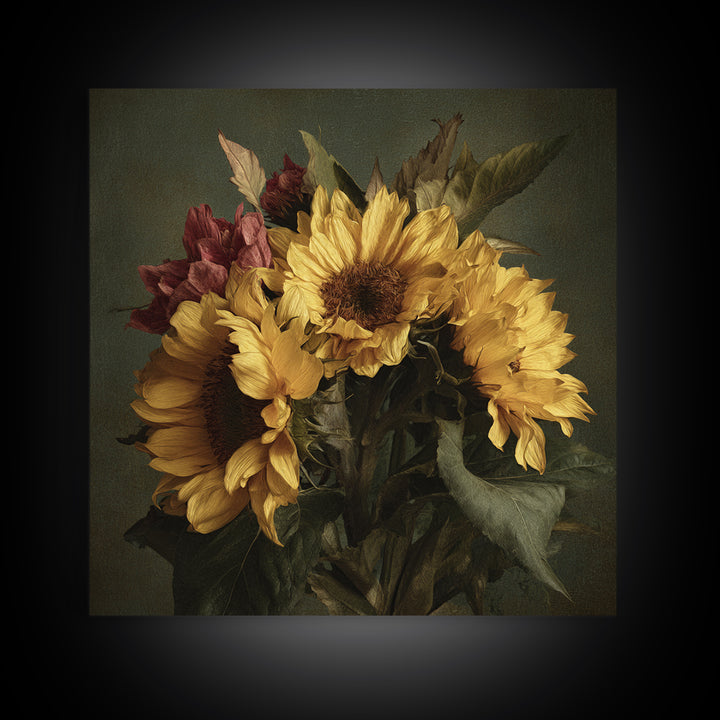Sunflower Bouquet in Bold Golden Tones Framed Canvas Print, Floral Art, Textured Painting, Living Room Decor, Fine Art, Bloom, FLO-1x1-29