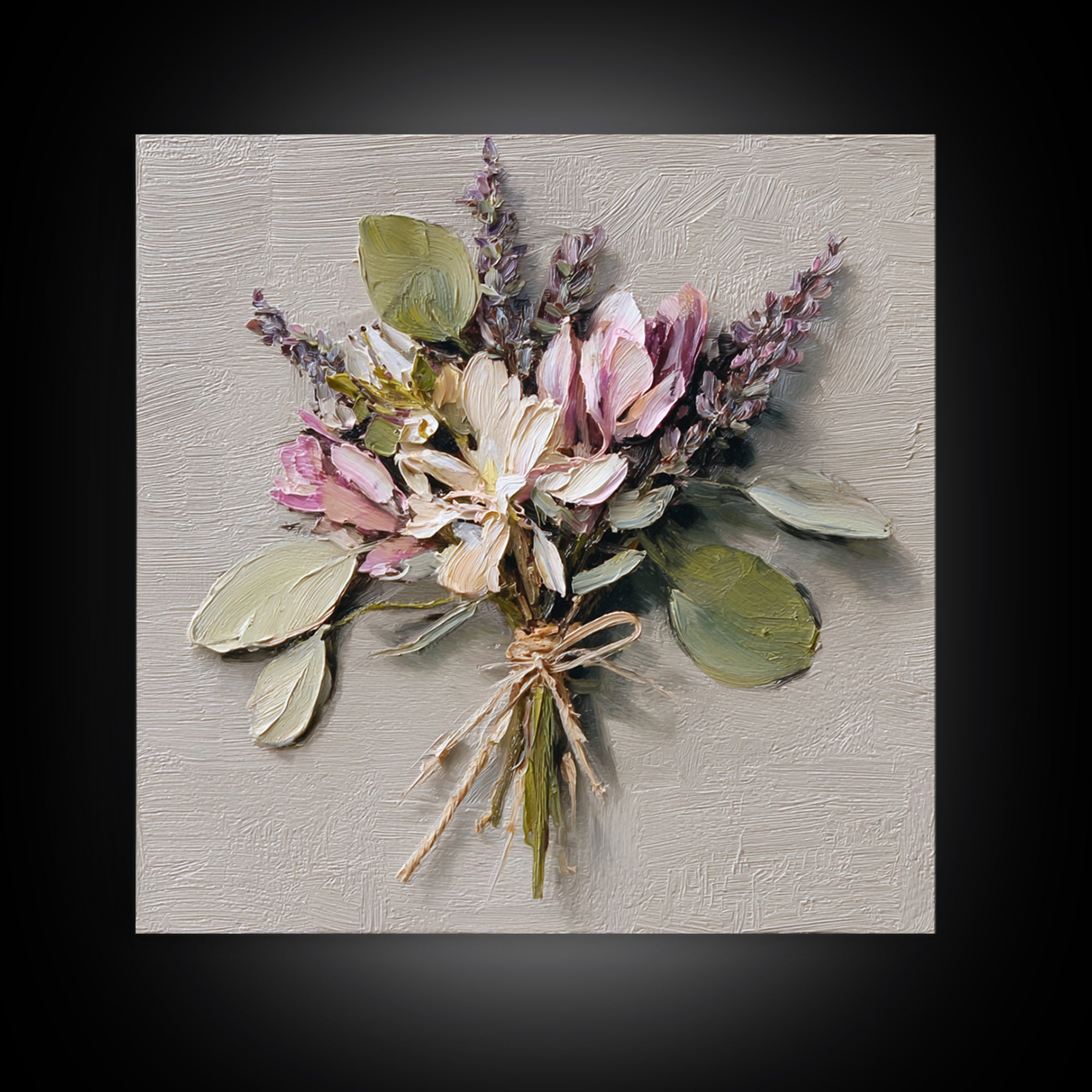 Lavender Bundle Tied Framed Canvas Print, Floral Art, Neutral Tone Abstract Floral Art, Living Room Decor, Fine Art, Bloom, FLO-1x1-34