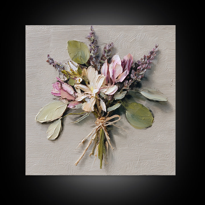 Lavender Bundle Tied Framed Canvas Print, Floral Art, Neutral Tone Abstract Floral Art, Living Room Decor, Fine Art, Bloom, FLO-1x1-34