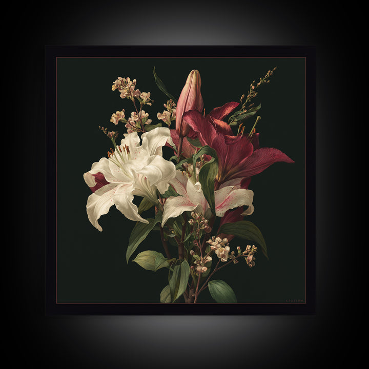 Lily Bouquet with Dramatic Dark Background Framed Canvas Print, Floral Art, Dark Academia Decor, Living Room Decor, Bloom, FLO-1x1-44