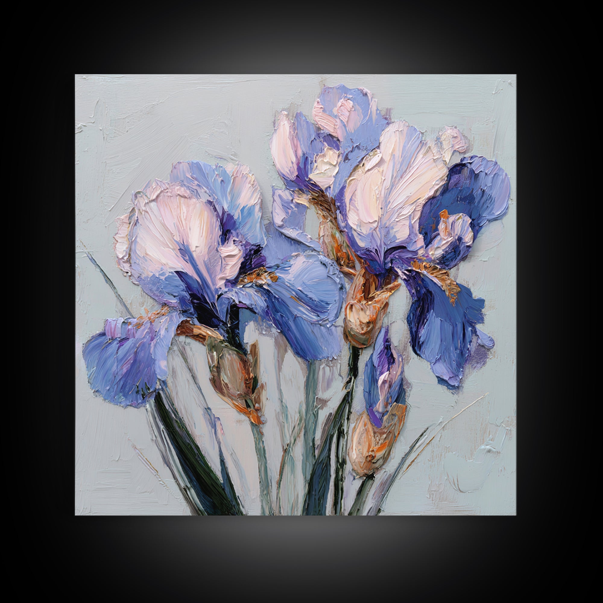 Irises Painted with Expressive Blue Strokes Framed Canvas Print, Floral Art, Botanical Curtain, Living Room Decor, Oil Painting, FLO-1x1-46