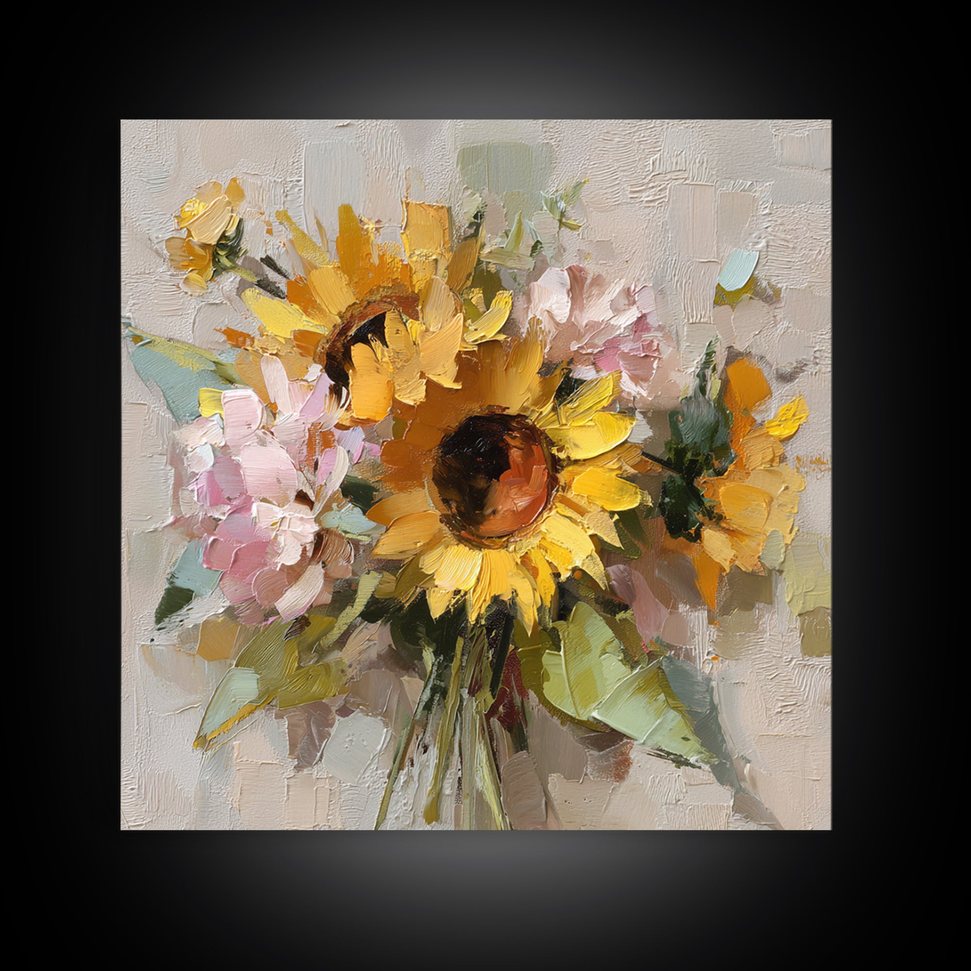 Sunflower Bouquet in Bold Golden Tones Framed Canvas Print, Floral Art, Textured Painting, Living Room Decor, Fine Art, Bloom, FLO-1x1-53