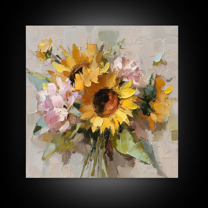 Sunflower Bouquet in Bold Golden Tones Framed Canvas Print, Floral Art, Textured Painting, Living Room Decor, Fine Art, Bloom, FLO-1x1-53