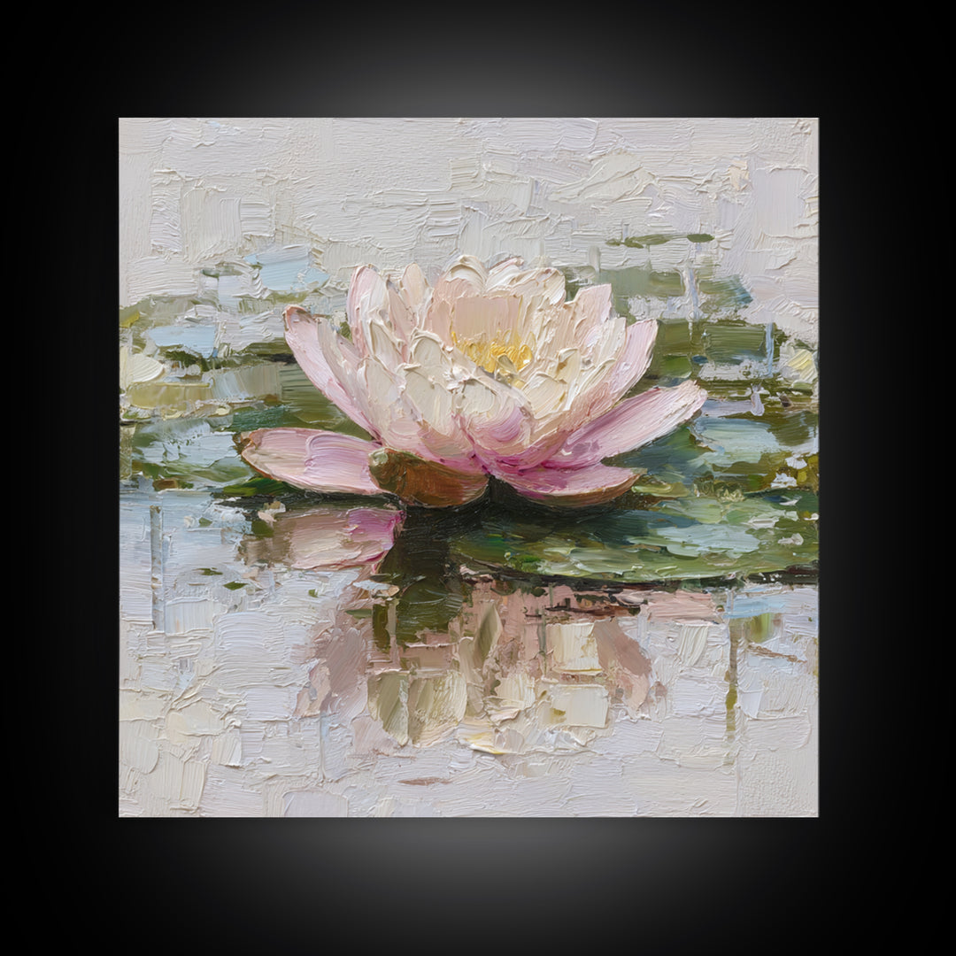 Lotus Blossom Floating on Still Water Framed Canvas Print, Floral Art, Gallery Decor, Living Room Decor, Fine Art, Bloom, FLO-1x1-62