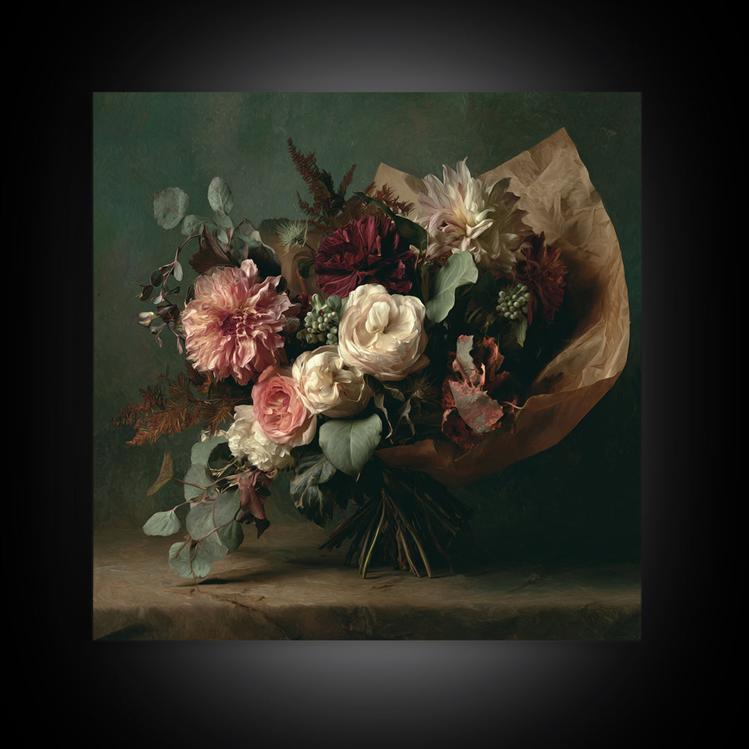 Romantic Bouquet Wrapped Framed Canvas Print, Floral Art, Modern Southern Floral Art, Living Room Decor, Fine Art, Bloom, FLO-1x1-72