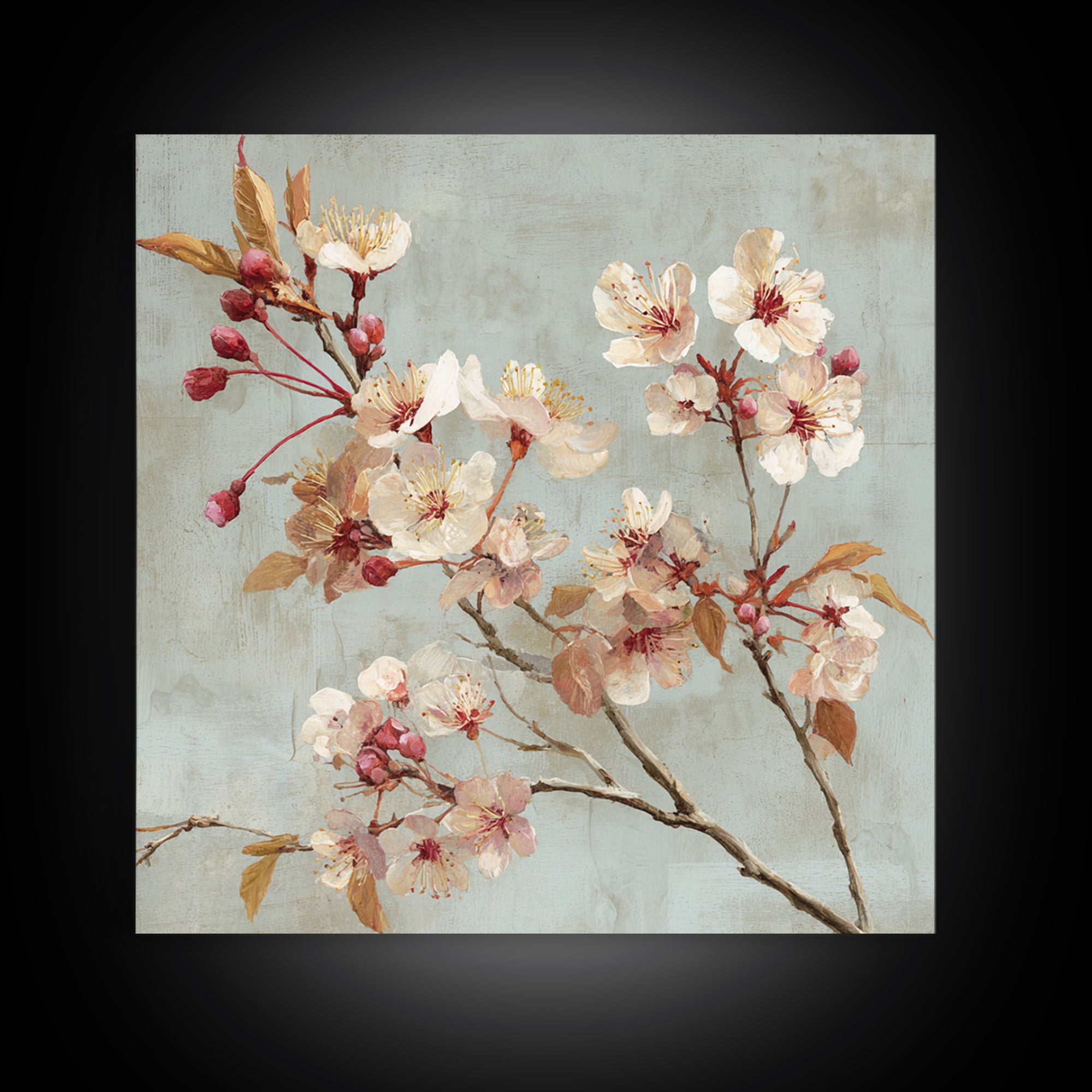 Delicate Cherry Blossom Branch on Pale Sky Framed Canvas Print, Floral Art, Statement Artwork, Living Room Decor, Bloom, FLO-1x1-78
