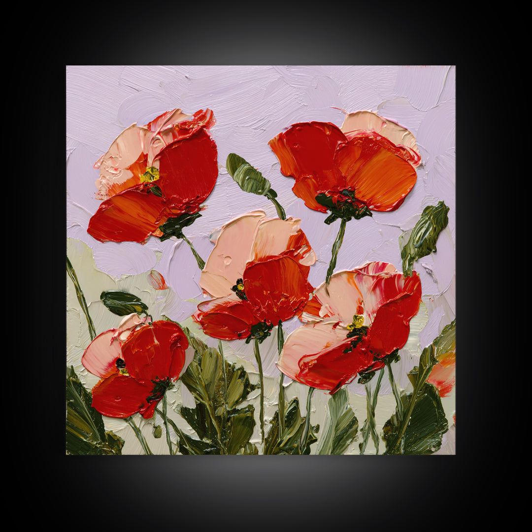 Poppy Field with Red Petals and Green Framed Canvas Print, Floral Art, Printable, Living Room Decor, Oil Painting, Bloom, FLO-1x1-8