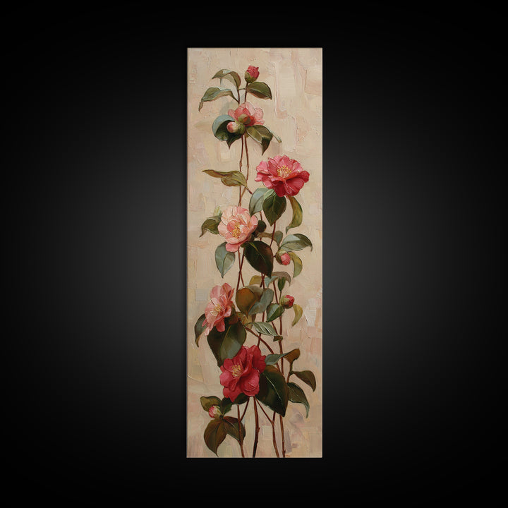 Camellia Bloom with Glossy Leaves Canvas Print, Floral Art, Botanical Curtain, Living Room Decor, Oil Painting, Bloom, FLO-1x3-100